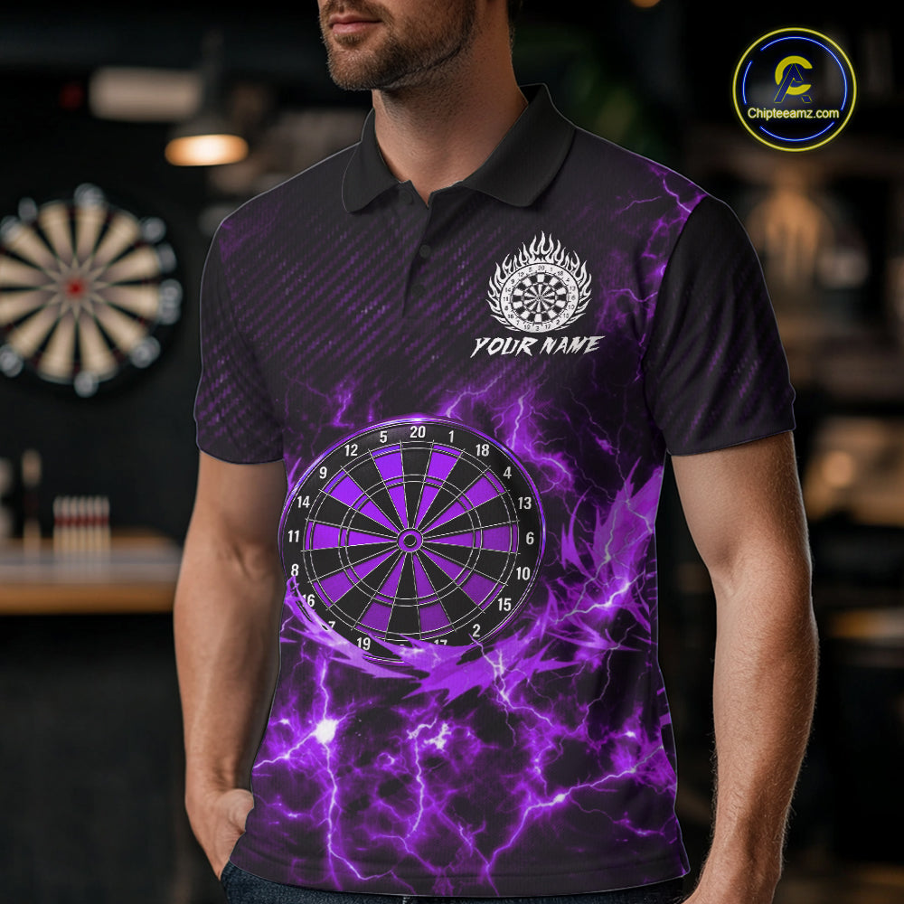 Custom Thunder Lightning Dartboard Men Dart Polo & 1/4-Zip Shirt, Gifts For Dart Players | Purple NYN3338