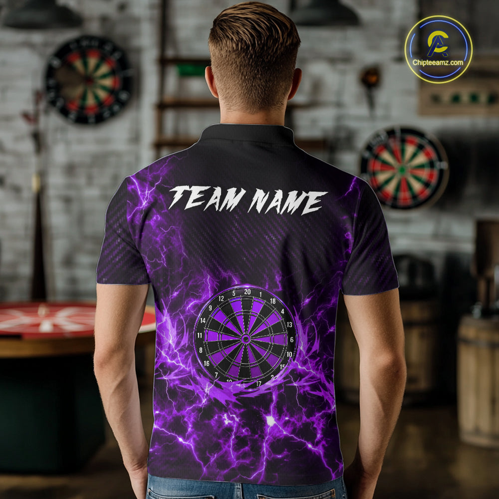 Custom Thunder Lightning Dartboard Men Dart Polo & 1/4-Zip Shirt, Gifts For Dart Players | Purple NYN3338