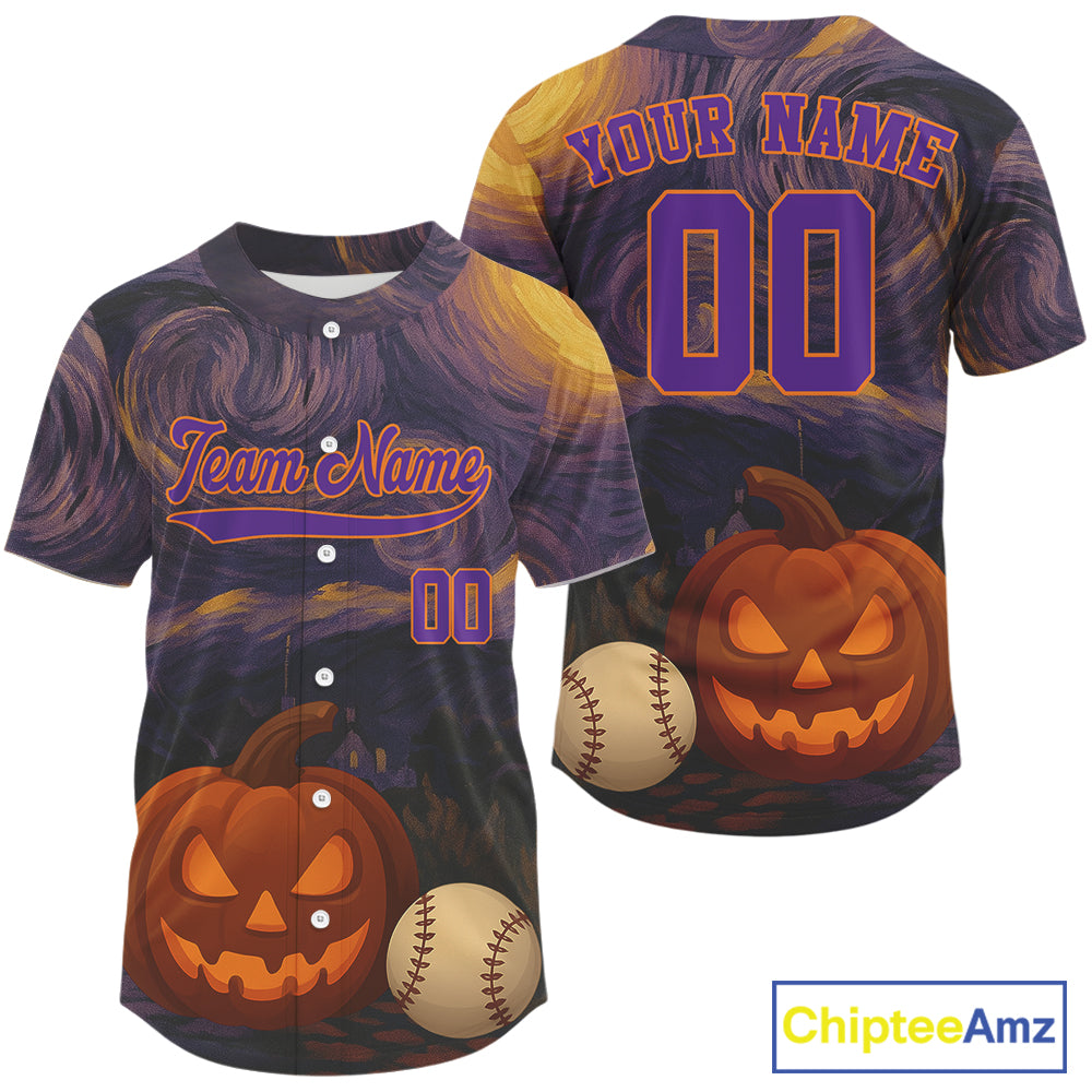 Custom Pumpkin Funny Halloween Baseball Jersey For Men Purple Halloween Baseball Shirt NYN0827