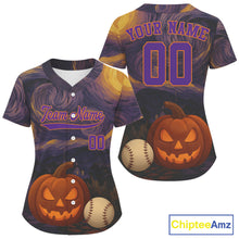 Load image into Gallery viewer, Custom Pumpkin Funny Halloween Baseball Jersey For Women Purple Halloween Baseball Shirt NYN0827