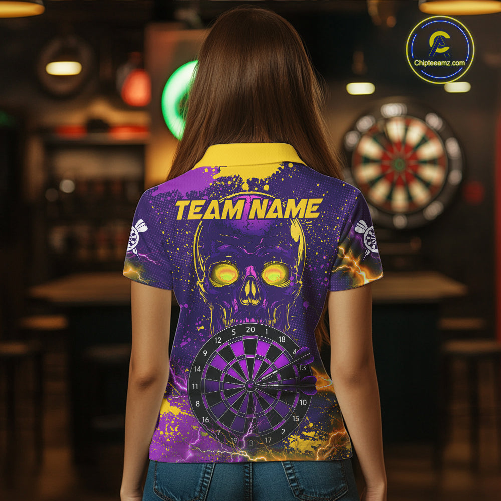 Female model wearing Skull Thunder dart polo, gothic dart fashion, personalized tournament apparel, confidence