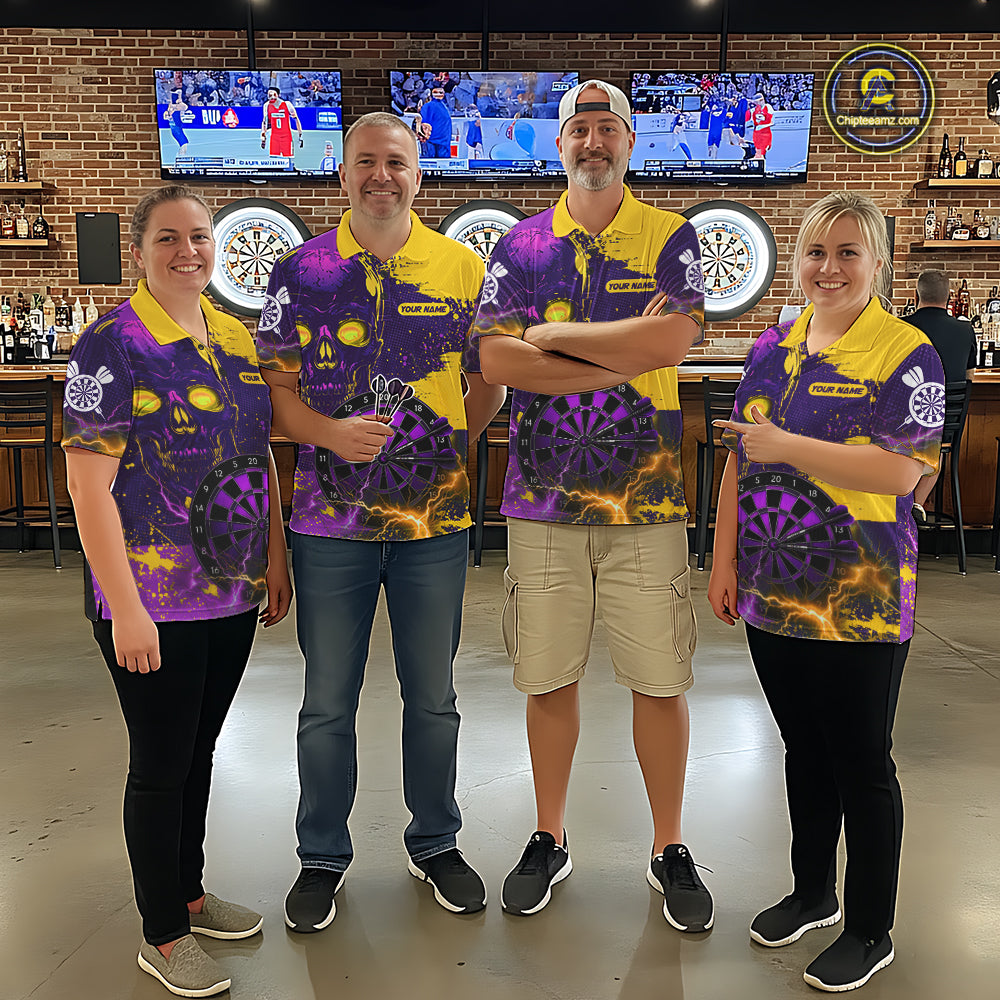 Dart team wearing matching Skull Thunder jerseys, personalized gothic uniforms, teamwork, Halloween, gaming, bowling, billiards crossover