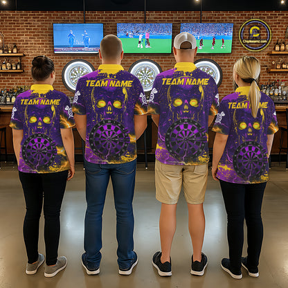 Dart team wearing matching Skull Thunder jerseys, personalized gothic uniforms, teamwork, Halloween, gaming, bowling, billiards crossover