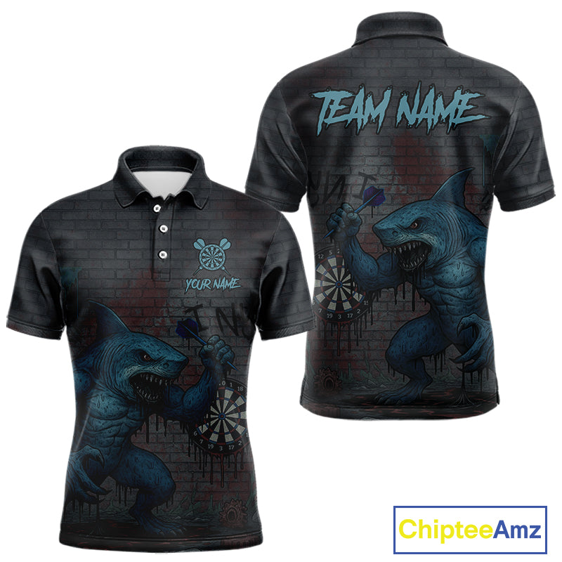 Custom Blue Dripping Shark Grunge Dartboard Funny Dart Men Polo Shirt Graffiti Dart Jerseys NYN1784