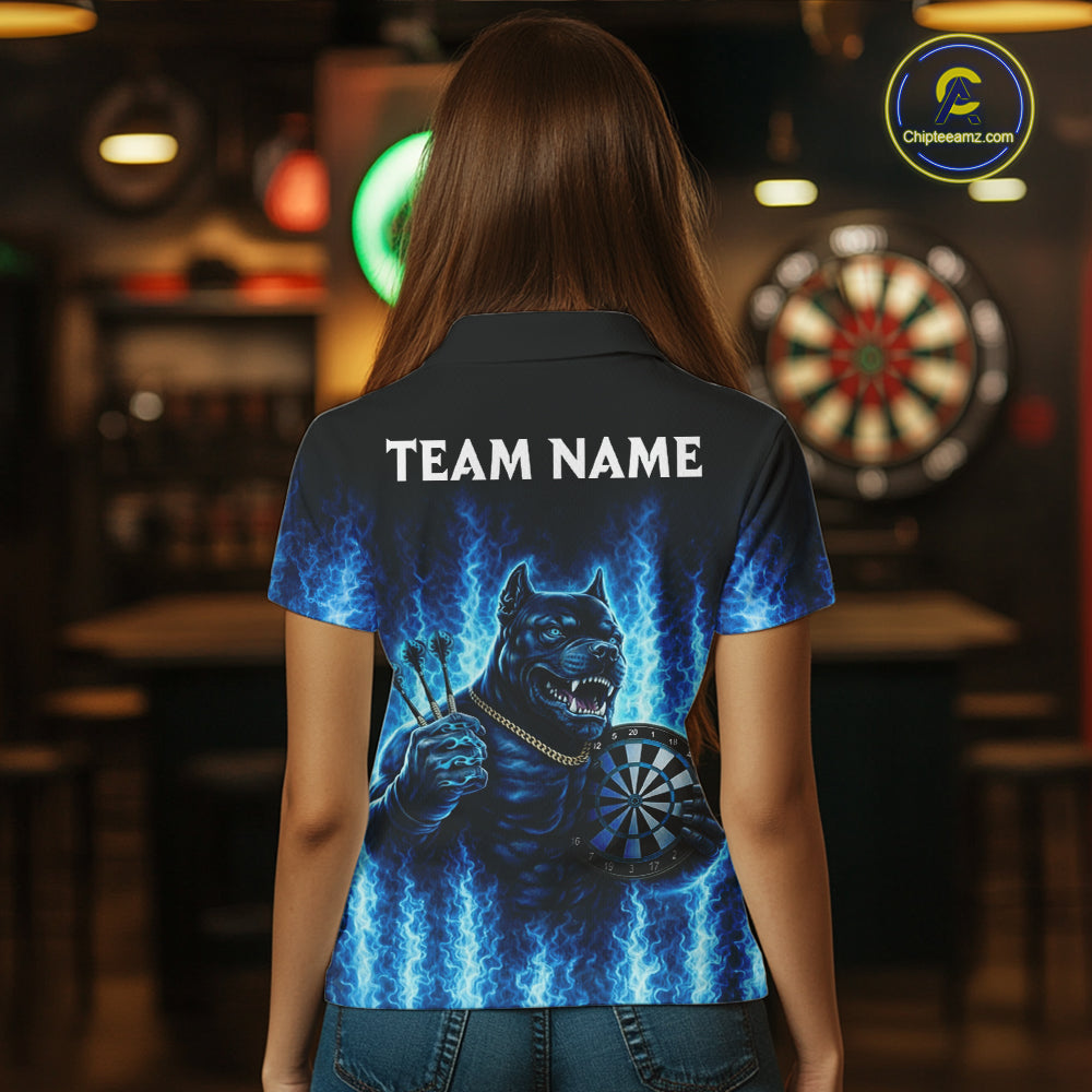 Personalized Blue Flames Bulldog Dartboard Women Darts Polo Shirt Custom Funny Darts Jerseys NYN2581