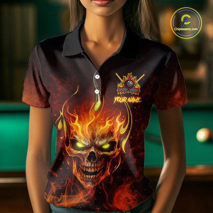 Orange Flaming Horror Skull 8 Ball Pool Women Billiard Polo & 1/4-Zip Shirt Custom Billiard Team Attire NYN2731