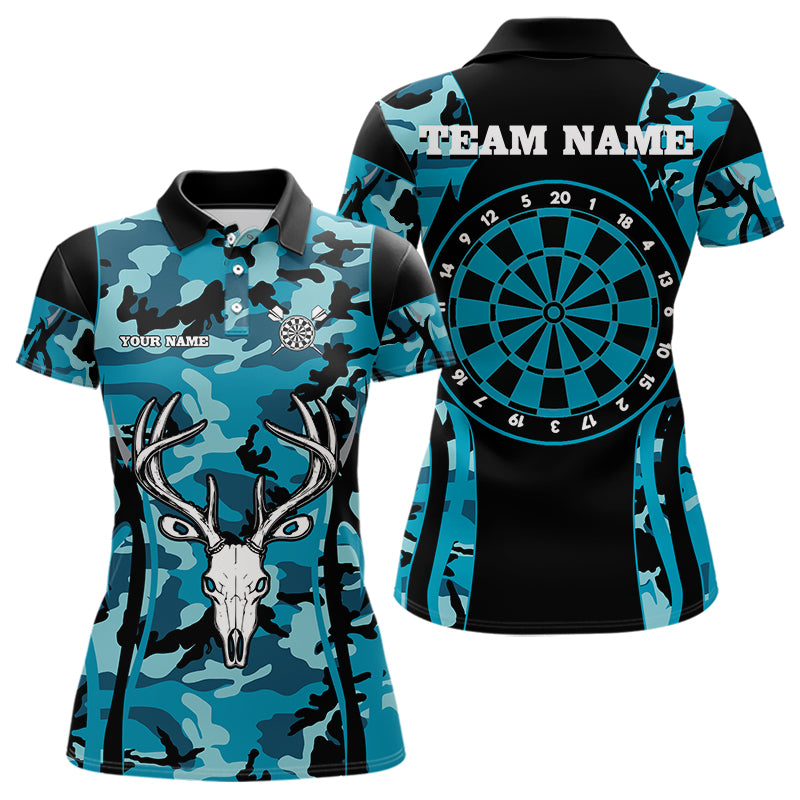 Custom Black And Turquoise Camo Deer Head Dart Shirts For Women Outfits Dart Jerseys NYN0037