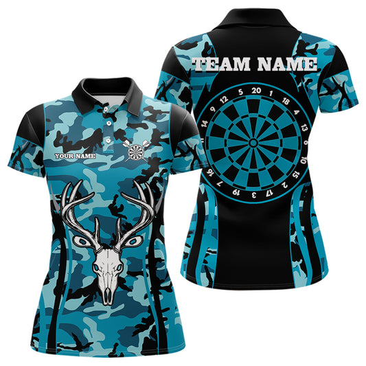 Custom Black And Turquoise Camo Deer Head Dart Shirts For Women Outfits Dart Jerseys NYN0037
