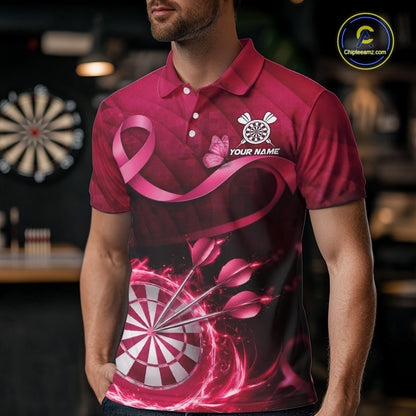 Pink Ribbon Thunder Lightning Men Dart Polo & Quarter Zip Shirt Custom Breast Cancer Darts Jersey NYN2947