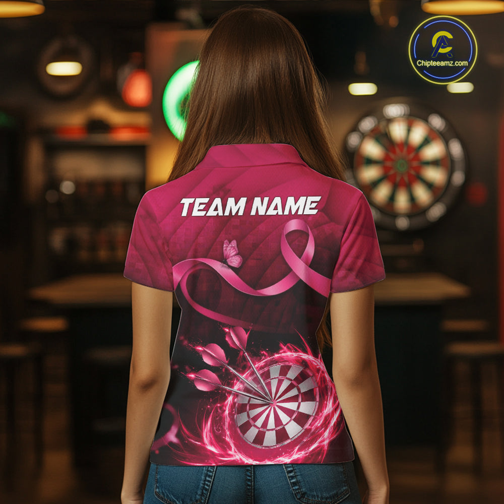 Pink Ribbon Thunder Lightning Women Dart Polo & Quarter Zip Shirt Custom Breast Cancer Darts Jersey NYN2947