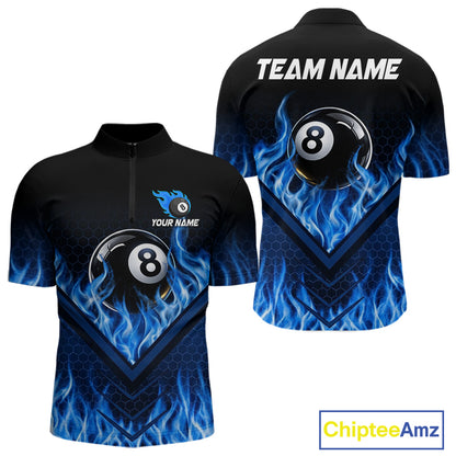 Blue Flaming Hexagon 8 Ball Billiard Pool Shirt For Men Custom Billiard Polo & 1/4 Zip Team Attire NYN3161