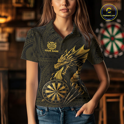 Custom Gold Tribal Pattern Dragon Darts Polo & 1/4 Zip Shirt For Women Darts Team League Jersey NYN3355