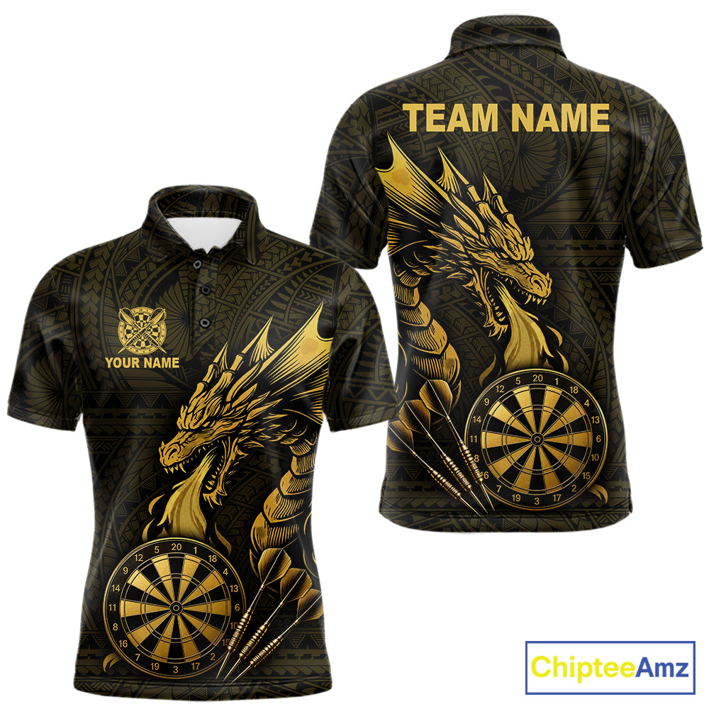 Gold tribal dragon darts polo shirt for men custom dart team jersey