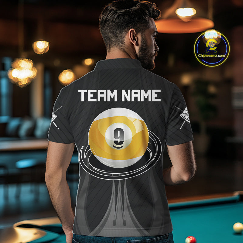 Male Pool Player Wearing Personalized 9 Ball Billiard Shirt, Custom Pool Team Uniform, Competitive Billiards Apparel
