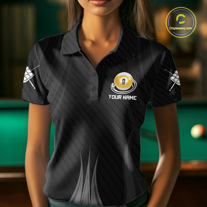Female billiard player wearing personalized Black 9 Ball pool shirt