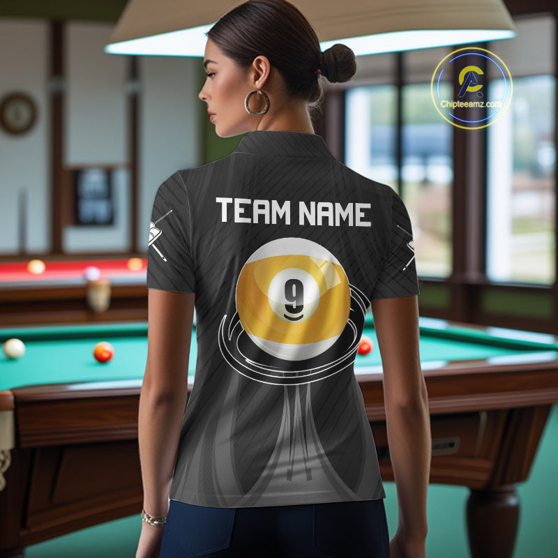 Female billiard player wearing personalized Black 9 Ball pool shirt
