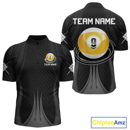 Personalized 9 Ball Billiard Quarter-Zip Shirt For Men, Black Pool League Jersey, Custom Billiards Team Attire, Pool Tournament Clothing