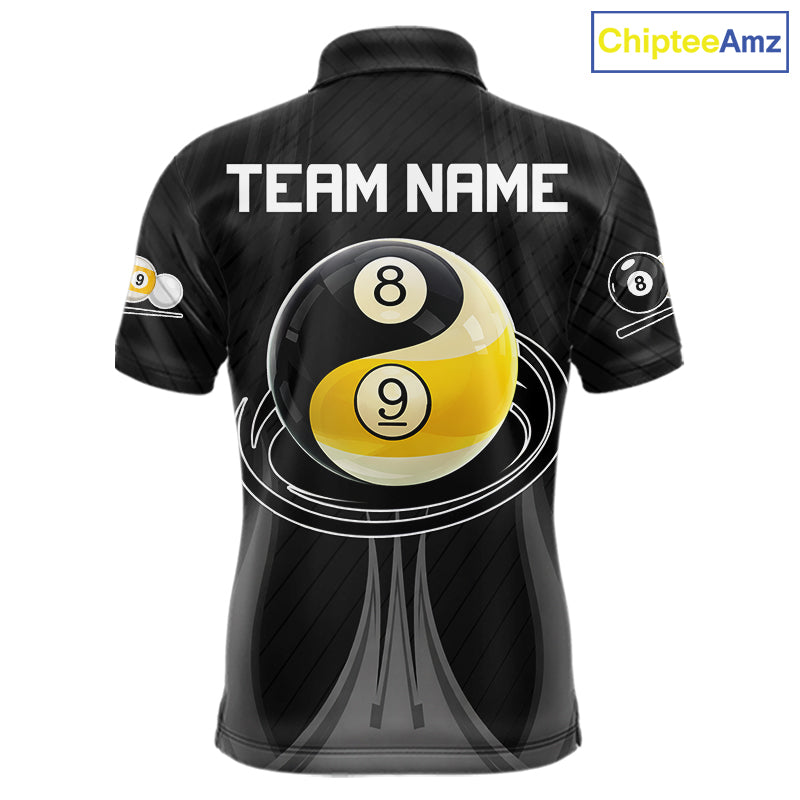 Personalized 8 Ball And 9 Ball Billiard Polo Shirt For Men, Black Pool Team Jersey, Custom Billiards League Apparel, Tournament Shirt