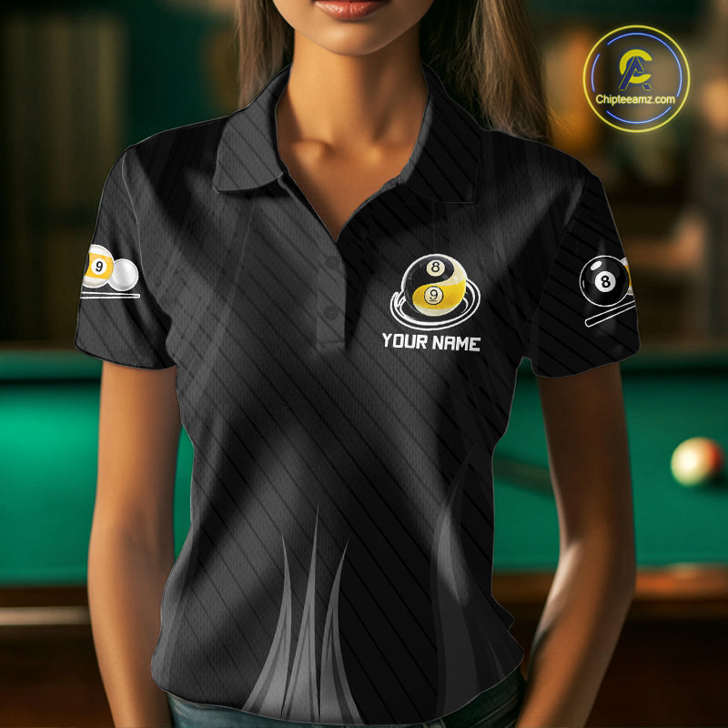 Female billiard player wearing Black 8 Ball & 9 Ball custom billiard jersey