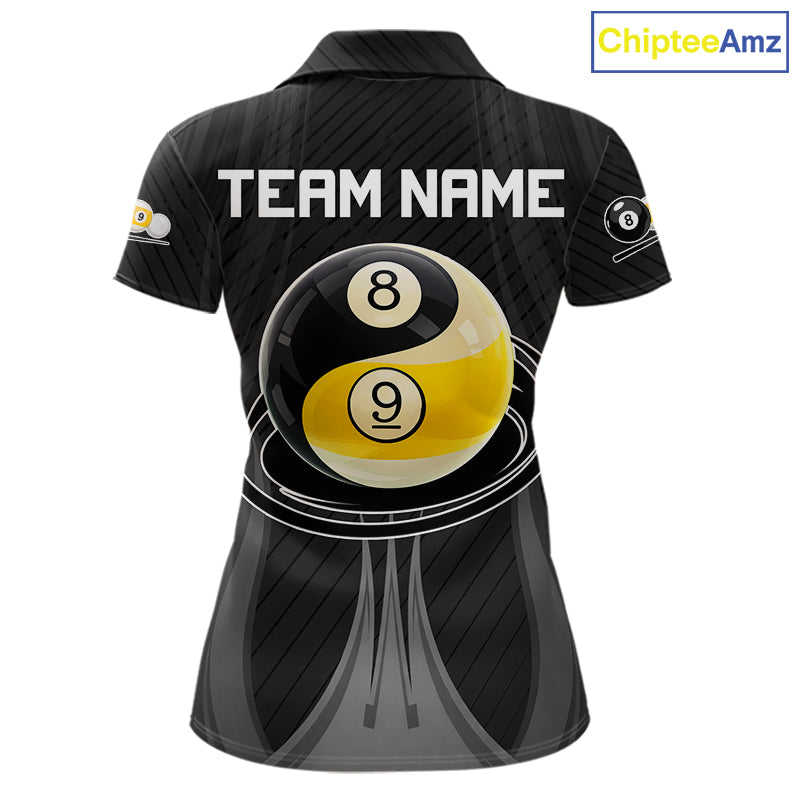 Black 8 Ball & 9 Ball Women's Billiard Polo Shirt Personalized Pool Team Jersey Custom Billiard Apparel
