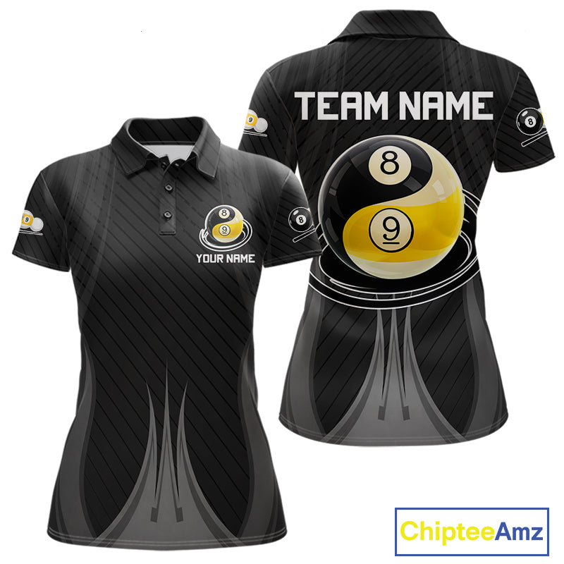 Personalized Black 8 Ball and 9 Ball women's billiard polo shirt custom pool team jersey
