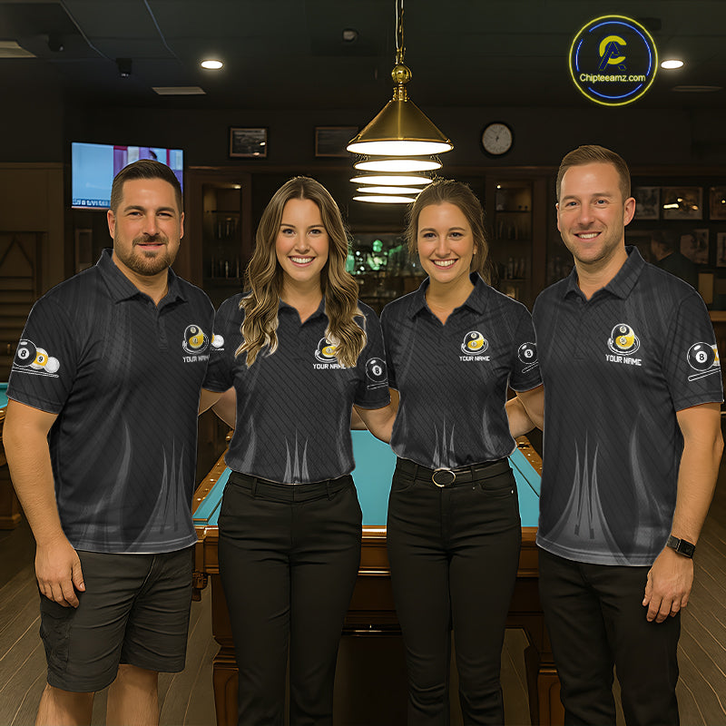 Men women billiard team wearing Black 8 Ball & 9 Ball personalized pool uniforms