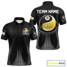Load image into Gallery viewer, Personalized 8 Ball And 9 Ball Billiard Polo Shirt For Men, Black Pool Team Jersey, Custom Billiards League Apparel, Tournament Shirt
