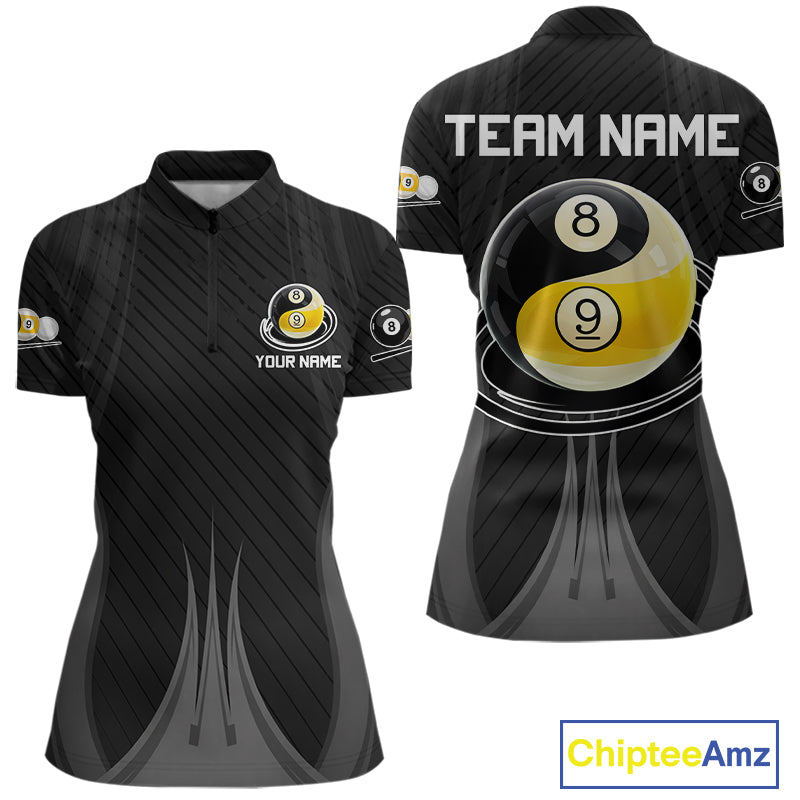 Black 8 Ball & 9 Ball Women's Billiard Quarter-Zip Shirt Custom Pool League Team Uniform