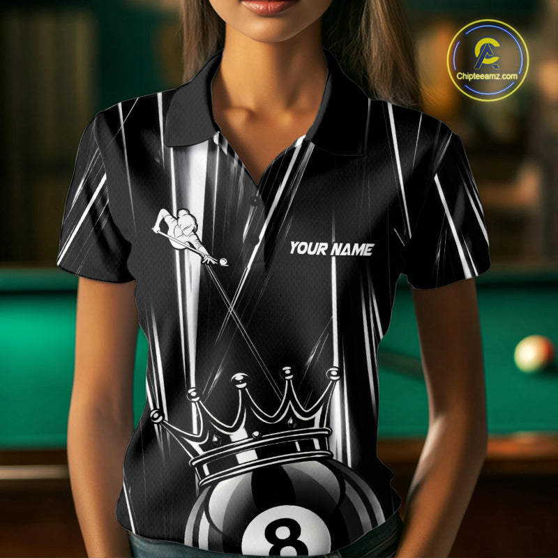 Female billiard player wearing Black White Crown 8 Ball custom billiard shirt