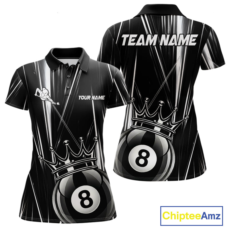 Black White Crown 8 Ball Women's Billiard Polo Shirt Custom Lightning Pool Team Jersey