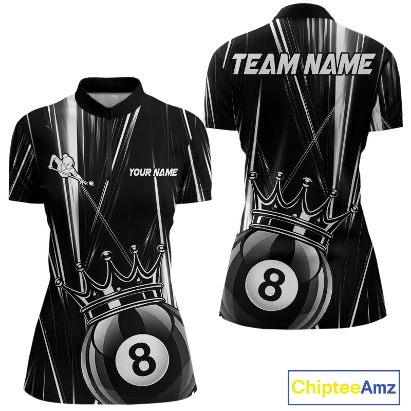 Black White Crown 8 Ball Women's Billiard Quarter-Zip Shirt Personalized Pool League Apparel