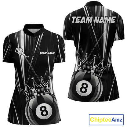 Black White Crown 8 Ball Women's Billiard Quarter-Zip Shirt Personalized Pool League Apparel