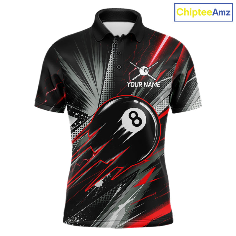 Thunder Red 8 Ball Strike Billiard Polo Shirt For Men, Custom Pool Team Jersey, Lightning Billiards Apparel