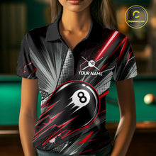 Load image into Gallery viewer, Female billiard player wearing Thunder Red 8 Ball Strike custom billiard shirt