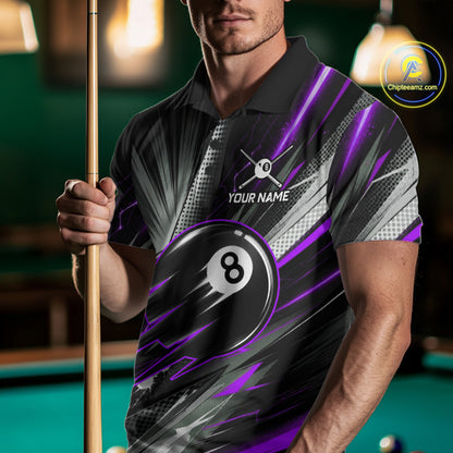 Male Pool Player Wearing Thunder Purple 8 Ball Billiard Shirt, Custom Pool Team Clothing, League Apparel