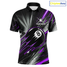 Load image into Gallery viewer, Thunder Purple 8 Ball Strike Billiard Polo Shirt For Men, Custom Pool Team Jersey, Lightning Billiards Apparel, Tournament Shirt