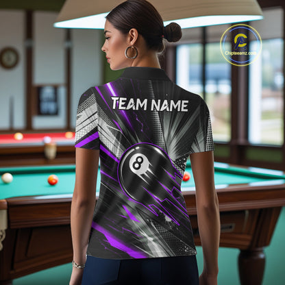 Female billiard player wearing Thunder Purple 8 Ball Strike custom billiard jersey