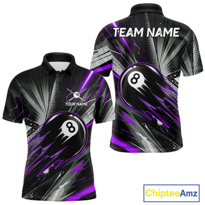 Thunder Purple 8 Ball Strike Billiard Polo Shirt For Men, Custom Pool Team Jersey, Lightning Billiards Apparel, Tournament Shirt