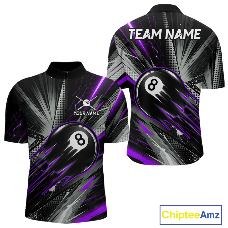 Thunder Purple 8 Ball Strike Billiard Quarter-Zip Shirt For Men, Personalized Pool League Uniform, Custom Billiards Attire
