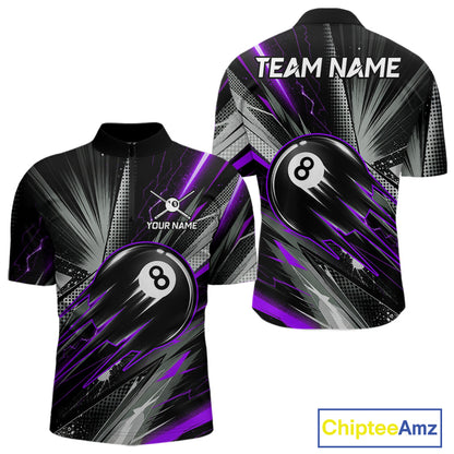 Thunder Purple 8 Ball Strike Billiard Quarter-Zip Shirt For Men, Personalized Pool League Uniform, Custom Billiards Attire