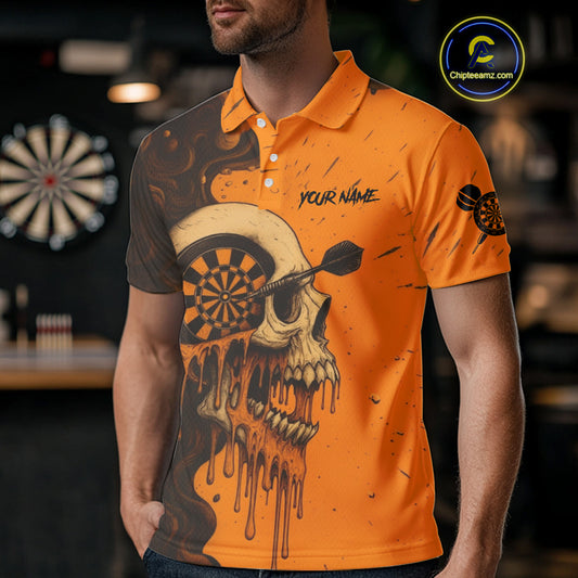 Custom Black Orange Skull Grunge Dart Men Polo Shirt Halloween Dart Team Jerseys NYN1533