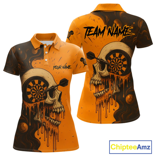 Custom Black Orange Skull Grunge Dart Women Polo Shirt Halloween Dart Team Jerseys NYN1533