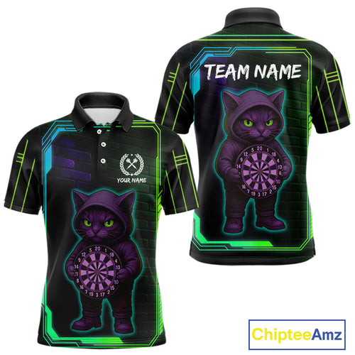 Lightning Cat Tech Green & Blue Neon Dartboard Men's Dart Polo Shirt Funny Dart Jerseys NYN1792