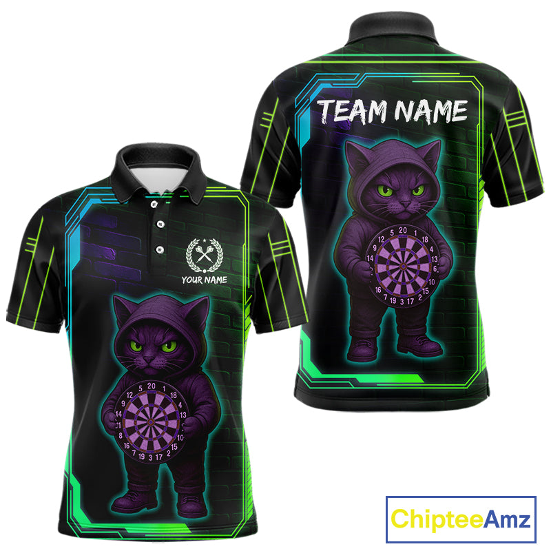 Lightning Cat Tech Green & Blue Neon Dartboard Men's Dart Polo Shirt Funny Dart Jerseys NYN1792