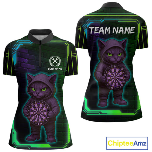 Lightning Cat Tech Green & Blue Neon Dartboard Women Dart Quarter-Zip Shirt Funny Dart Jerseys NYN1792