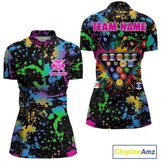 Funny 8 Ball Pool Colorful Paint Splash Custom Name Billiard Shirt For Women Billiard Team Jersey NYN2302