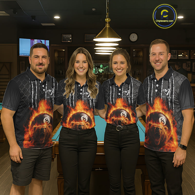 Red Flaming 8 Ball Billiard League Shirts For Women Custom Funny Bear Billiard Team Jerseys NYN2307