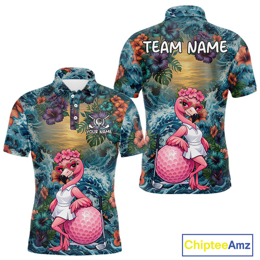 Mens Flamingo Golf Clothing Waving Tropical Golf Shirt Custom Floral Golf Polo, Best Golf Gifts NYN2959