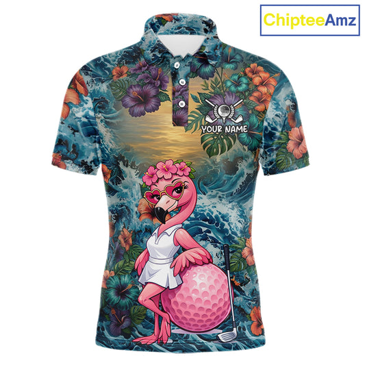 Mens Flamingo Golf Clothing Waving Tropical Golf Shirt Custom Floral Golf Polo, Best Golf Gifts NYN2959