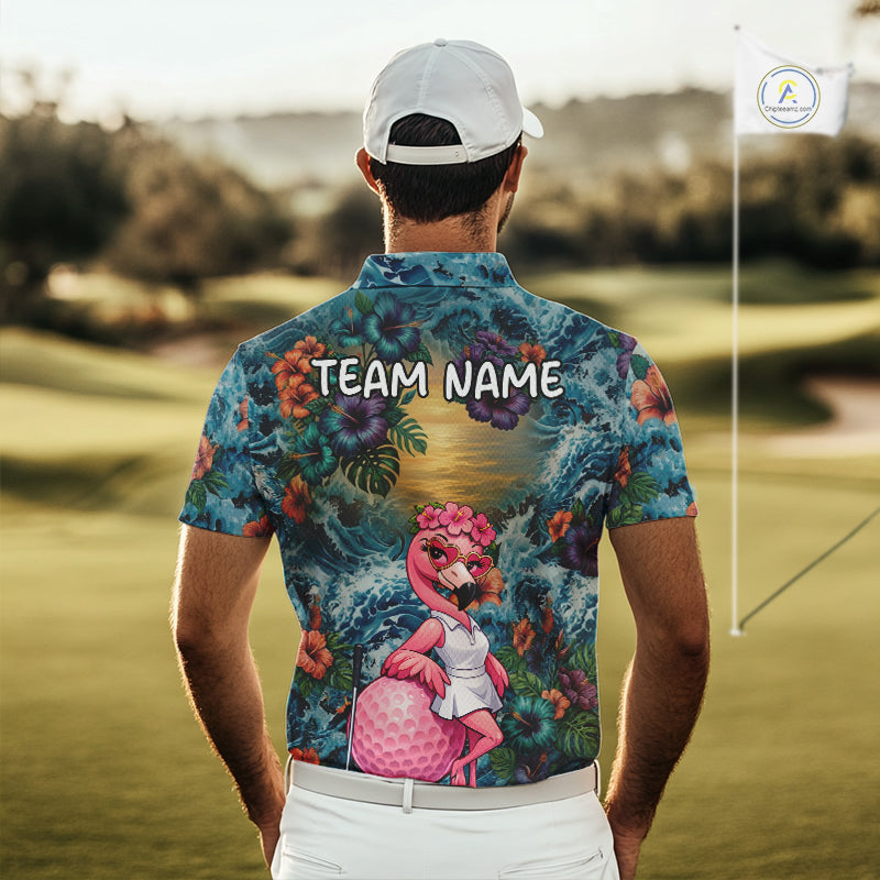 Mens Flamingo Golf Clothing Waving Tropical Golf Shirt Custom Floral Golf Polo, Best Golf Gifts NYN2959